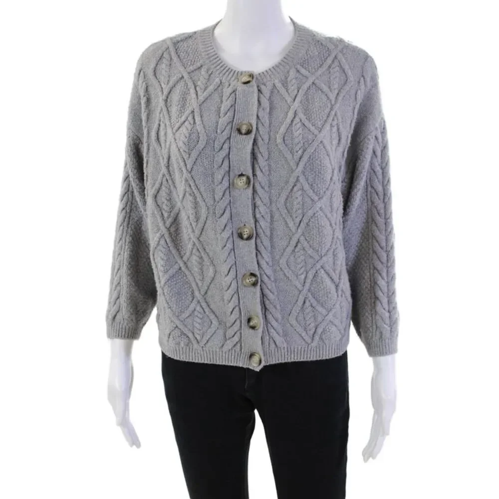 Anthropologie Womens Button Front 3/4 Sleeve Cardigan Sweater Gray Size Small